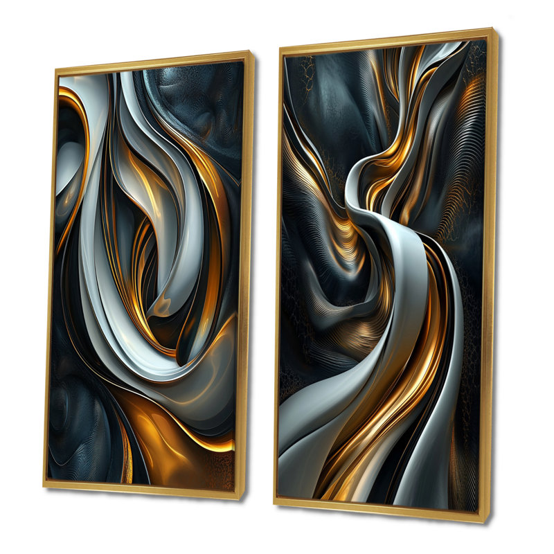 Tourbillon abstrait en tons de noir et d'or I - ensemble de 2 peintures murales abstraites, H 28 po x l 24 po, Doré