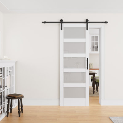 30" × 84" 5-Lite Tempered Frosted Glass Sliding Barn Door with Finished Surface, Ready to Use All Installation Hardware Kit Included, Can Be Repainted