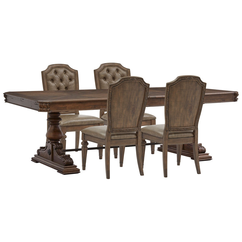 Extendable Trestle Dining Table With 4 Upholstered Side Chairs, 5 Pieces: Table, 4 Chairs
