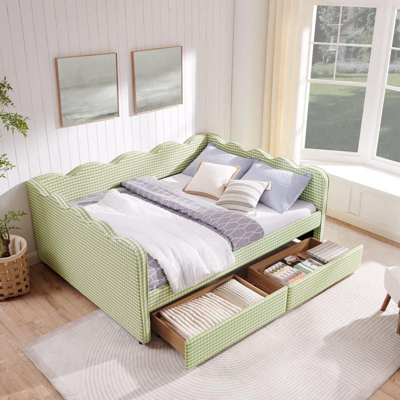 Queen Size Cozy Gingham Daybed With Two Storage Drawers, With USB Port And Adorable Wave Shaped, Linen Fabric, Queen, Green