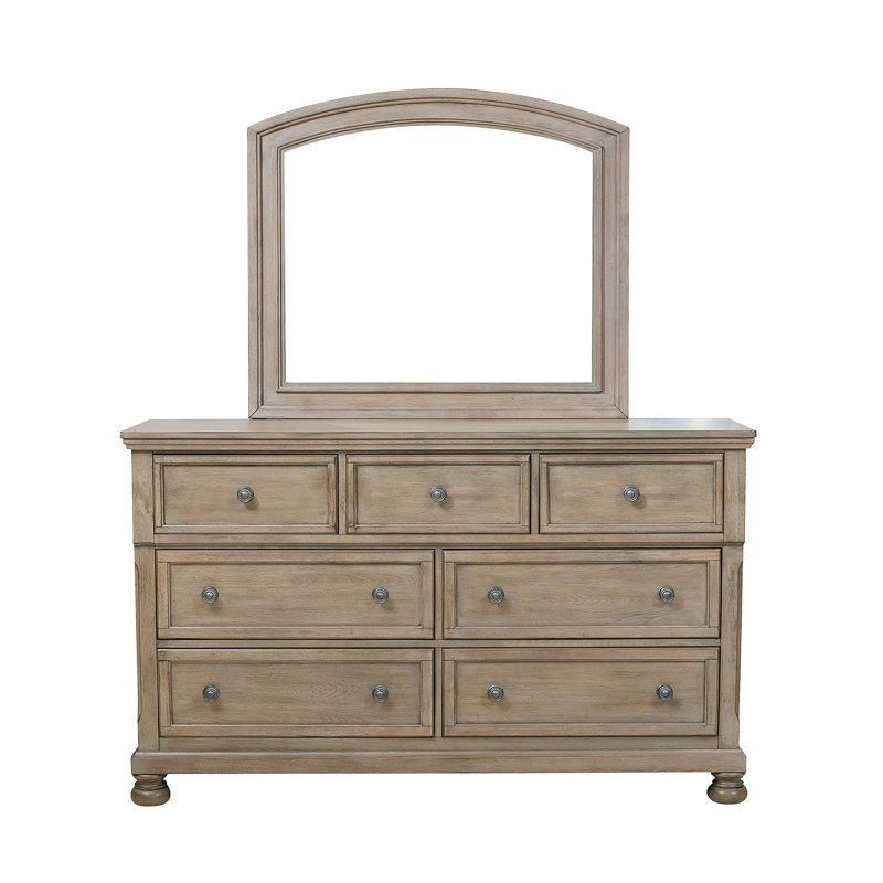 Alek 64.75" W Transitional 7-Drawer Solid Wood Dresser & Mirror Set, Wire Brushed Gray