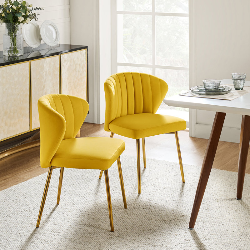 Chaise de salle à manger capitonnée en velours à oreilles moderne Euclid, Velours jaune