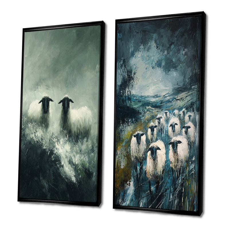 «Stormy Pasture Of Sheep III», art mural 2 pièces, 28" H x 25" W, Impression encadrée flottante, Noir