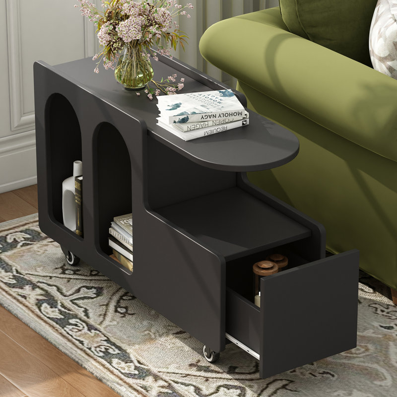 Mobile End Table With Lockable Wheels, Cream Style Side Table With Storage Drawer, 11.8Inch Narrow Nightstand With Multi-Layer Storage