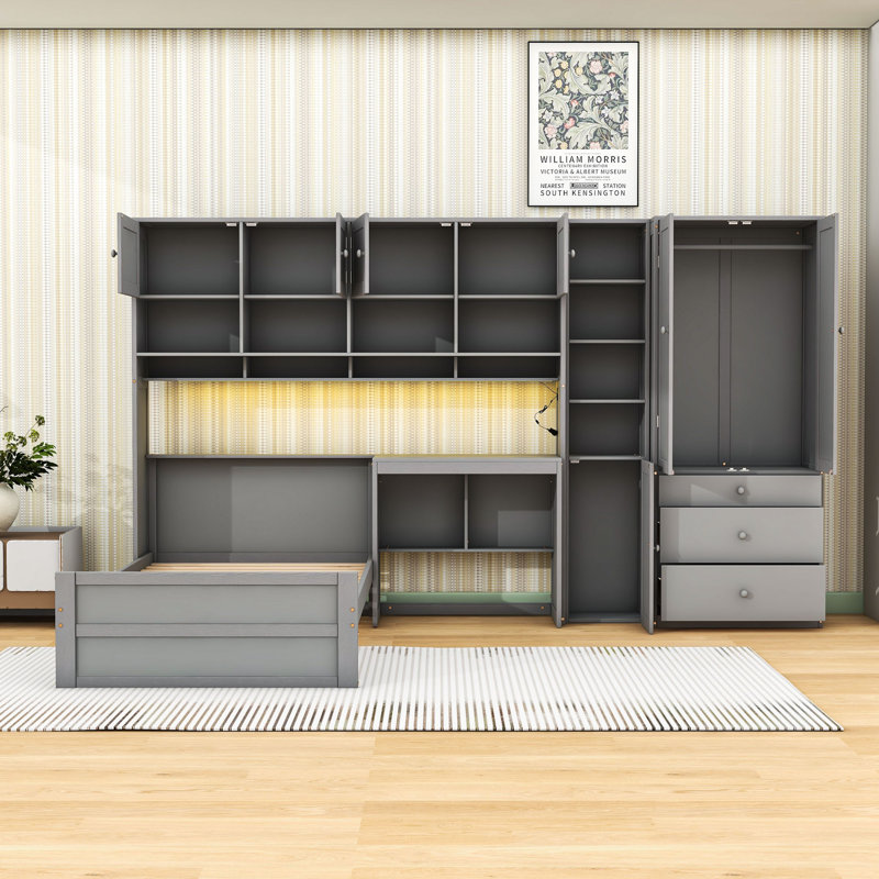 Lit plateforme simple avec bureau intégré, éclairage à DEL et grand espace de rangement, Gris