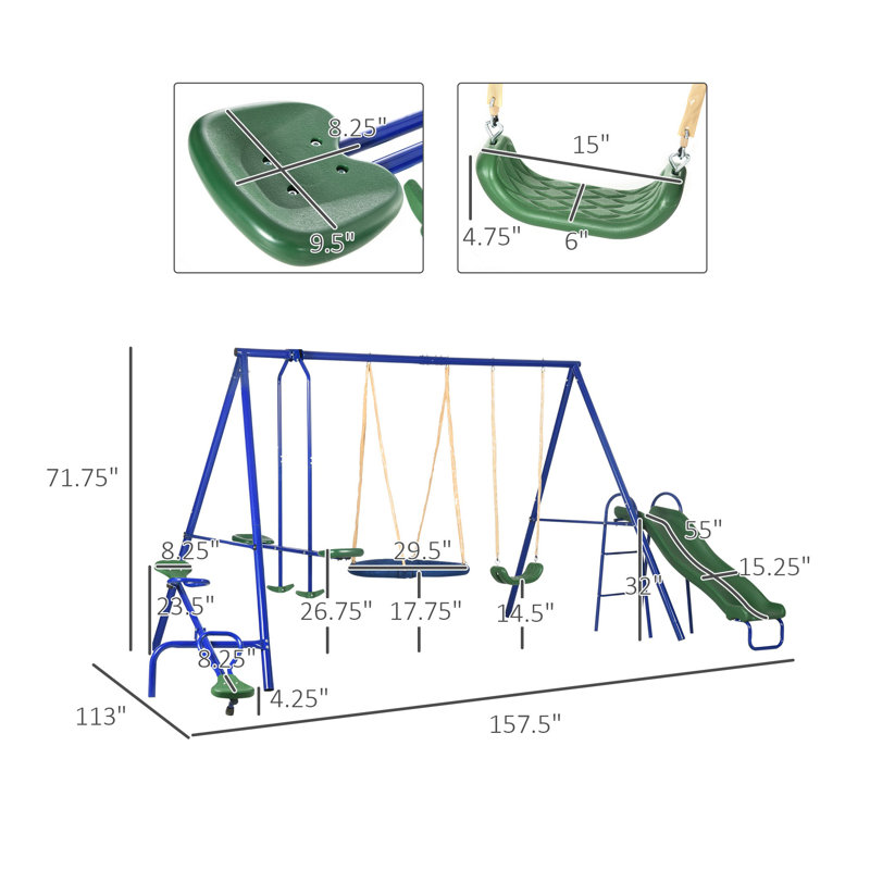 Portique en acier robuste 5 en 6 avec balançoire, balançoire à bascule, balançoire à disque, glissade et balançoire simple pour la cour arrière 616 lb