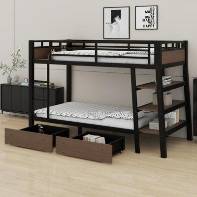Industrial-Style Storage Bunk Bed With LED Lights, USB, And Drawer,With Storage Shelves