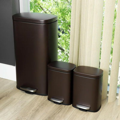 Ensemble de poubelles 3 pièces, bacs à marches en acier inoxydable, fermeture lente, bronze mat