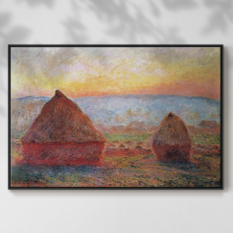 «Grainstacks at Giverny, Sunset, 1889», reproduction sur toile flottante, H 17 po x l 25 po x P 2 po, Noir