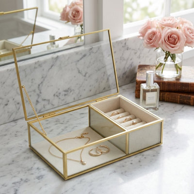Verena 9.75" Glass Jewelry Box With Two Padded Compartments