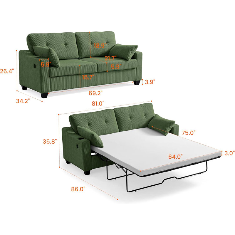 Pull Out Sofa Bed, Sleeper Sofa, 2-In-1 Convertible Corduroy Couch with USB Charging, Memory Form Couch for Living Room, Apartment and Small Space