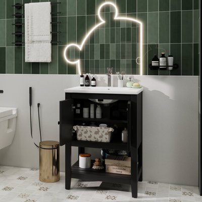 24" Modern Sleek Bathroom Vanity Elegant Ceramic Sink With Solid Wood Frame Open Style Shelf