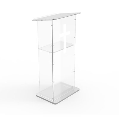 Pupitre de pupitre en acrylique transparent assemblé Fixturedisplays® de 43 po de hauteur avec croix blanche 102703 + 1803-CROSS - Podium assemblé