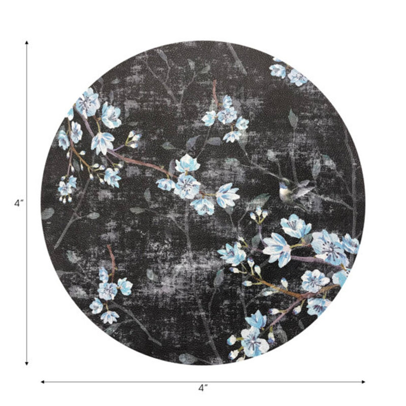 Blossom Fantasia Vegan Leather Round Coasters, Black Blue