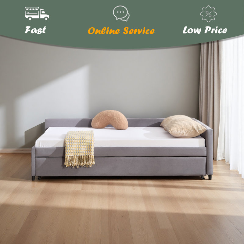 Lit de jour rembourré avec lit gigogne, structure de lit en bois robuste, conception de grille de diamant moderne, pour chambre à coucher, chambre d'amis