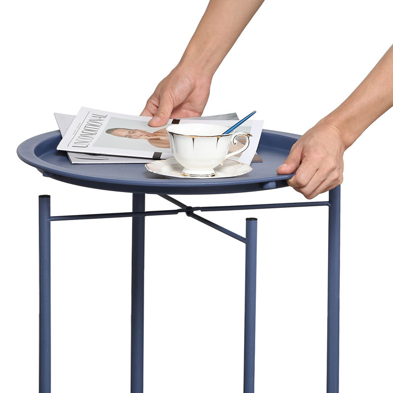 Ensemble de tables de bout rondes pliables bleues - Tables d'appoint en métal antirouille pour balcon / bureau, Marine