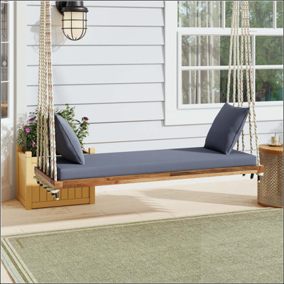 Balancelle suspendue en bois avec coussin, coussins et cordes de chanvre - blanc
