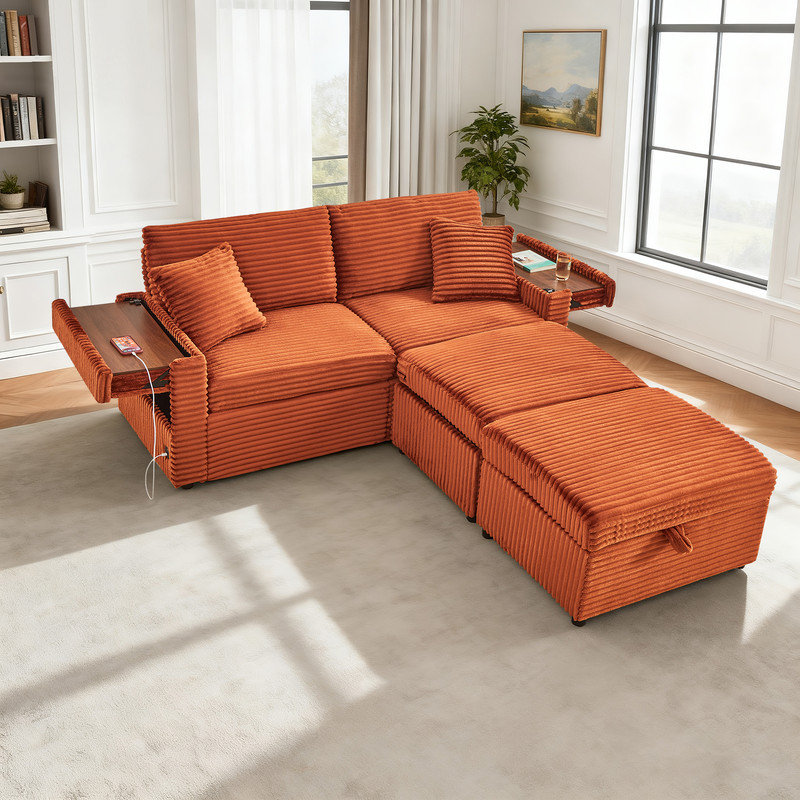 Fluffy 2-in-1 Loveseat & Chaise Lounge with Hidden Storage, Double Ottomans & Table, Organe Corduroy