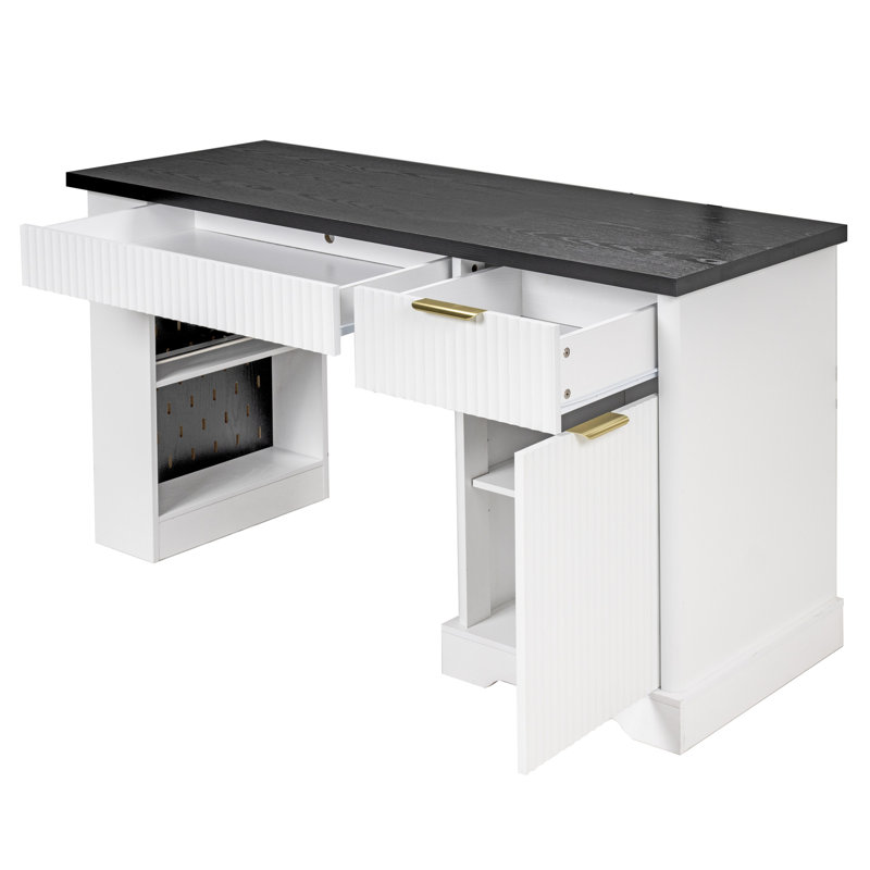 55" Modern Fluted Office Desk With Storage Cabinet & Drawers (Not Include Stools), Dark Gray/White