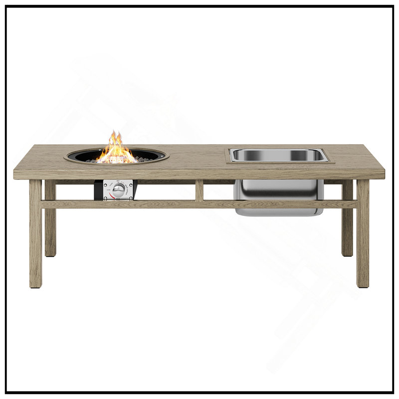 Table basse durable 3-en-1 avec seau à glace et foyer - beige