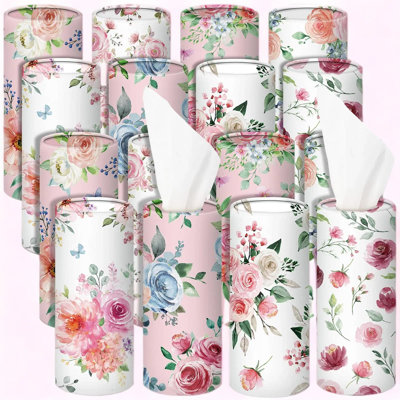 16 Piece Floral Car Mounted Tissue Holder With Cylindrical Circular Cup Holder Design, Suitable For Travel, Office, And Home Use