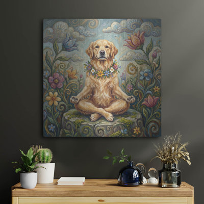 «Golden Retriever Yoga Lotus Pose» par Rich Monet, art mural en métal, 24 po x 24 po