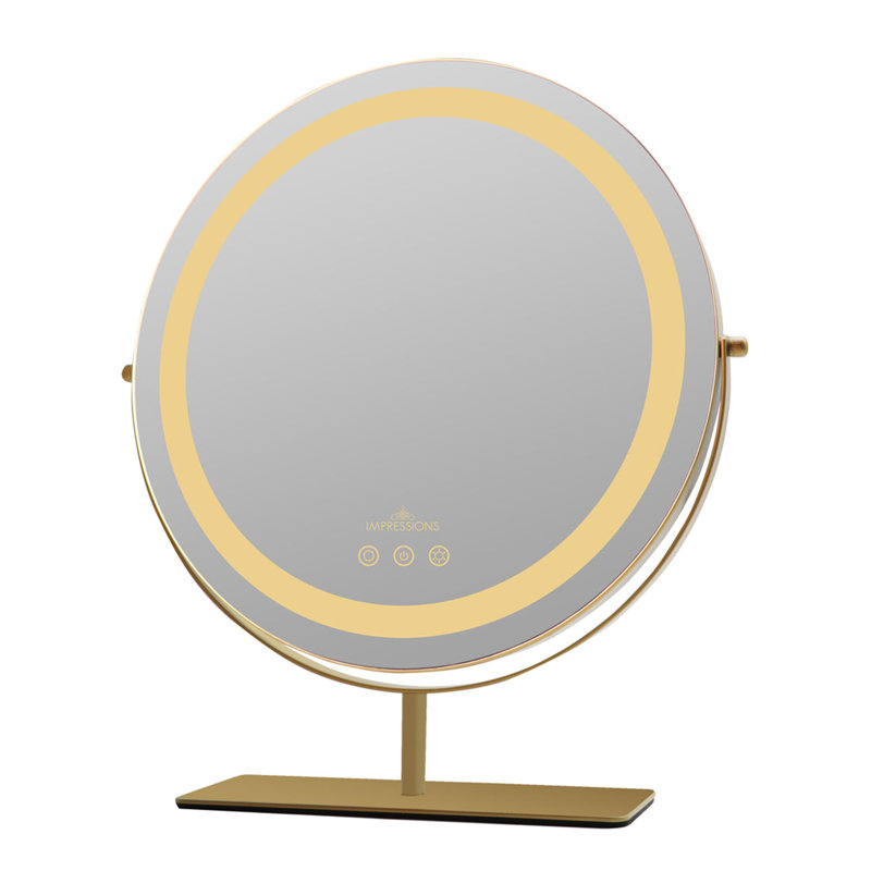 Ehrmann Aura Tri Tone Round Vanity Mirror with Table Stand, LED Makeup Mirror with 360 Degrees Rotatable, Gold