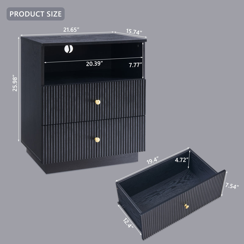 25.98" Tall Modern End Table Set of 2, 21.65" Wide Wood End Table with Charging Station, Storage Drawers w/Fluted Profile Design for Bedroom,Black