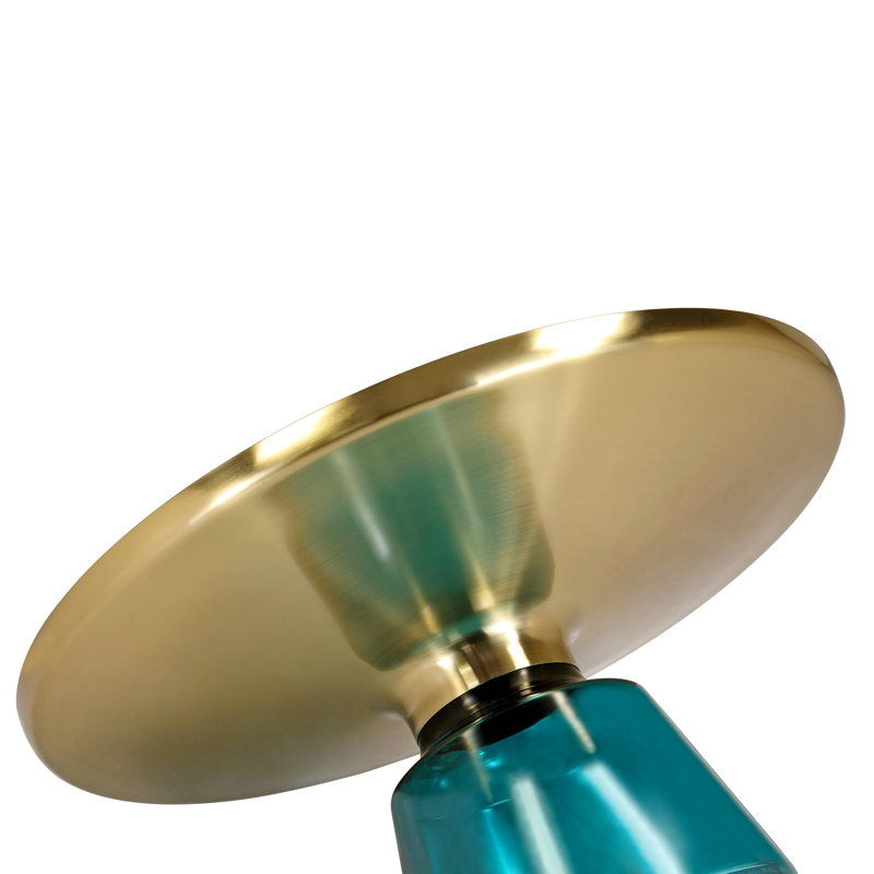 Table basse ronde de 30 po en verre / plateau en pierre frittée avec rebord doré brossé et base en verre trempé, Bleu