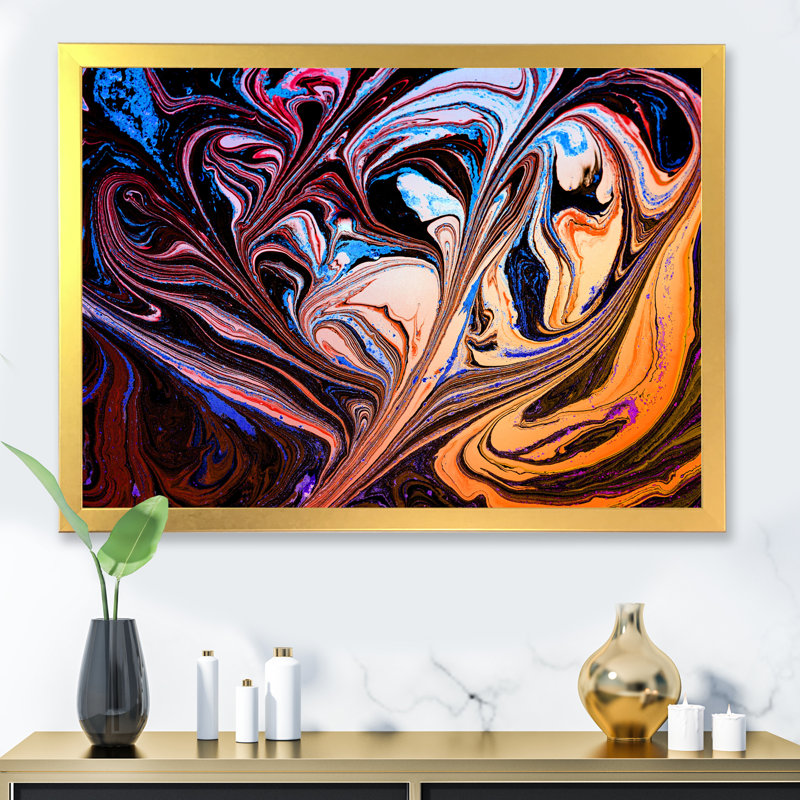 Art abstrait marbré mauve abstrait - art mural moderne sur toile, H 12 po x l 20 po x P 1 po, Cadre photo doré