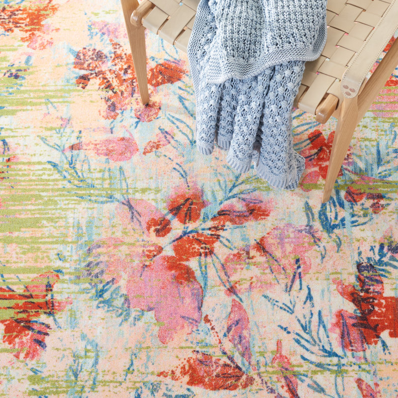 Blue and Blush Pink Abstract Floral 9' x 12' Area Rug