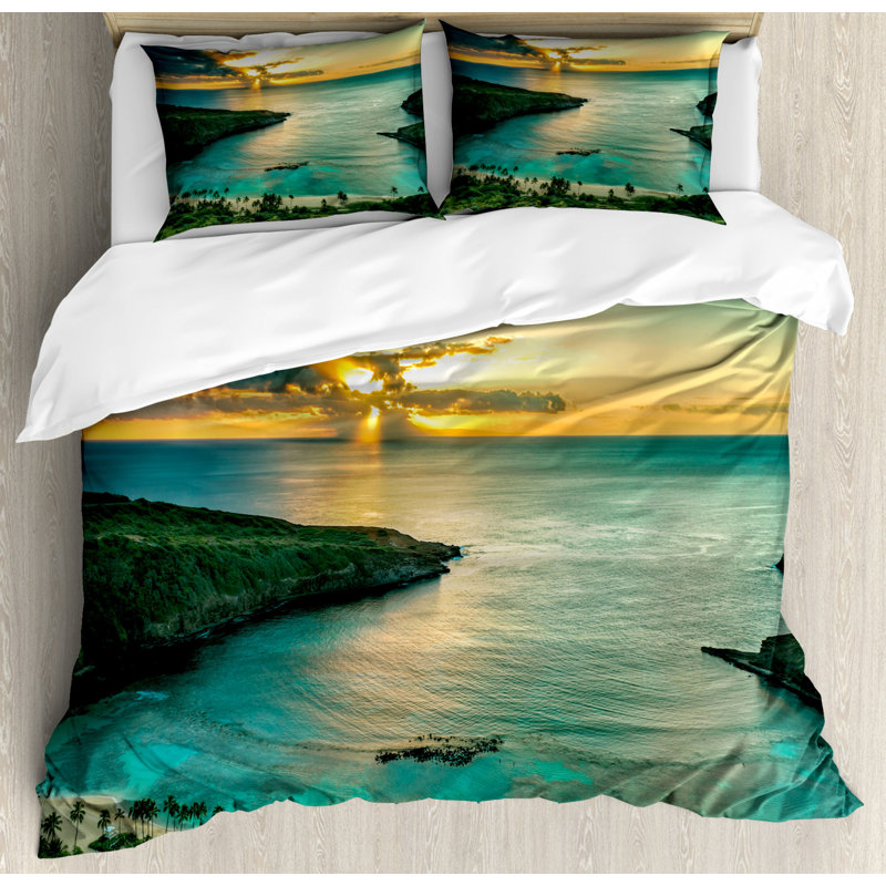 King Size Turquoise Green Yellow Hawaiian Duvet Cover Set