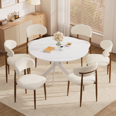 Ensemble de table de salle à manger ronde rustique, table de cuisine de ferme avec base en X et chaises rembourrées, ensemble de salle à manger moderne pour petits espaces avec sièges en tissu beige pour appartement, salle à manger