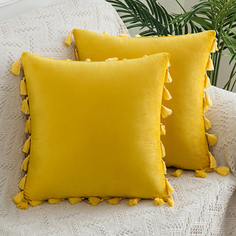 Ensemble de 2 coussins à pampilles en velours (insert inclus), Jaune
