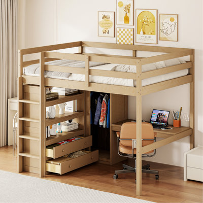 Wood Loft Bed With Built-In Wardrobe, Desk, Storage Shelves And Drawers