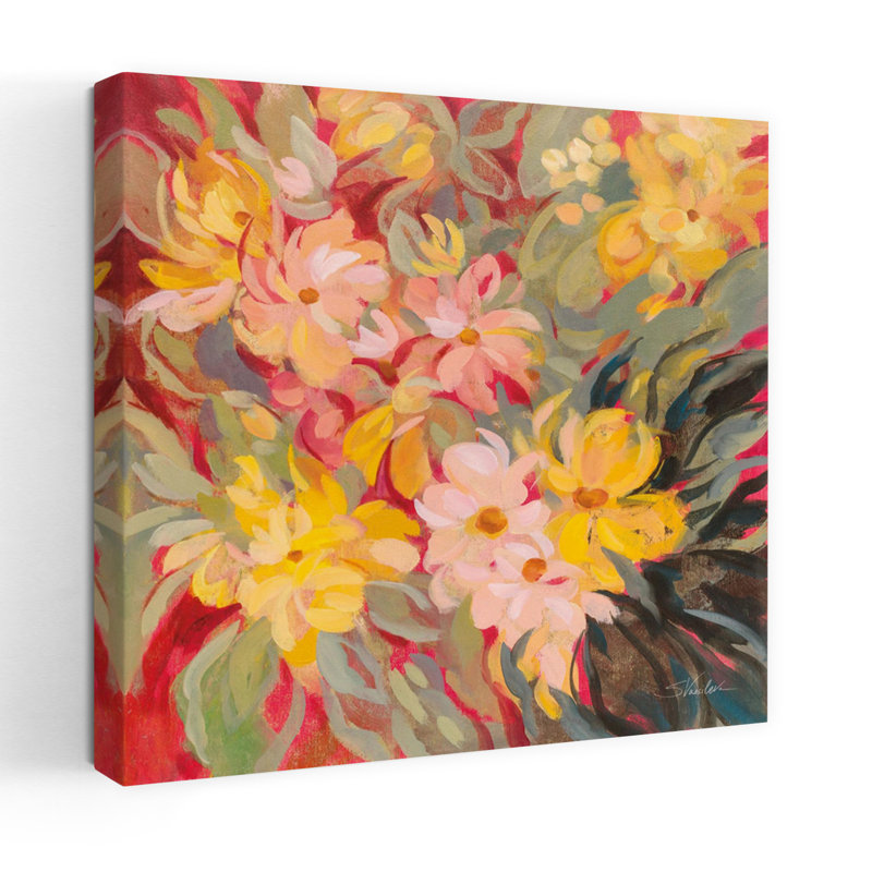 Floral contemporain magenta et sauge avec art noir et bleu, H 32 po x l 32 po
