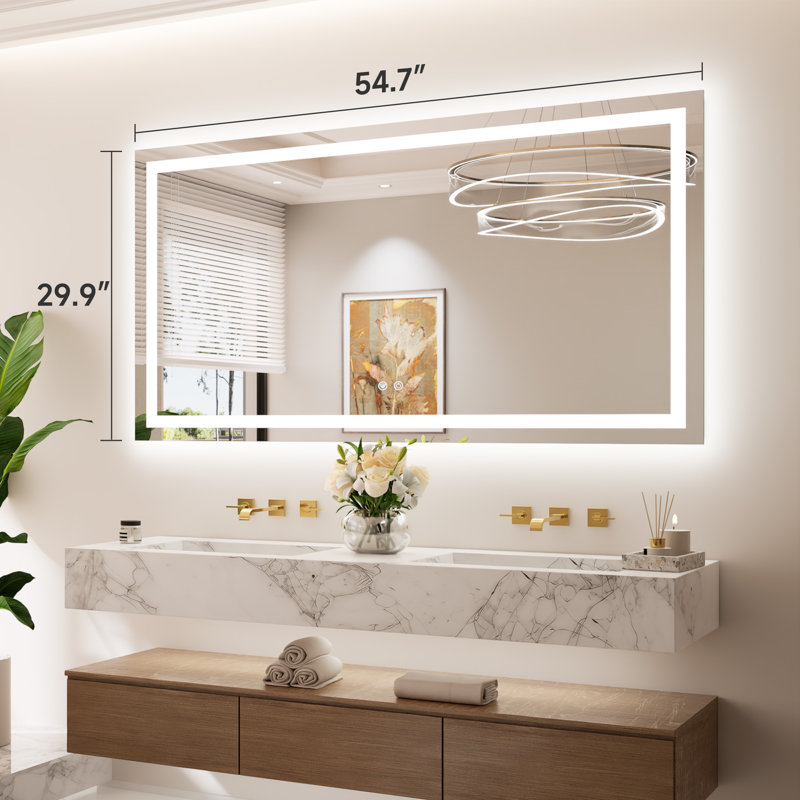 Front & Back LED Lighted Tempered Glass Dimmable Anti Fog Bathroom Vanity Mirror, 55" x 30"