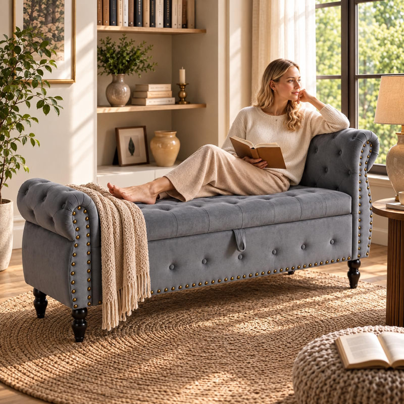 151 cm W Velvet Ottoman, Grey