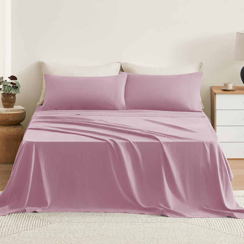 TOSMO 100% Linen Sheet Set, Queen, Light Lilac