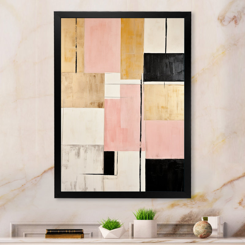 «Pink and Gold Cubism Dream - Abstract Shapes», impressions d'art mural, H 20 po x l 12 po x P 1 po, Cadre photo noir simple