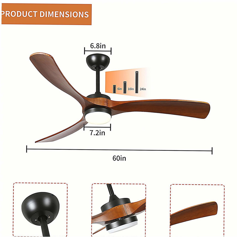 60-inch 3-leaf solid wood ceiling fan light, 60.16" Wide