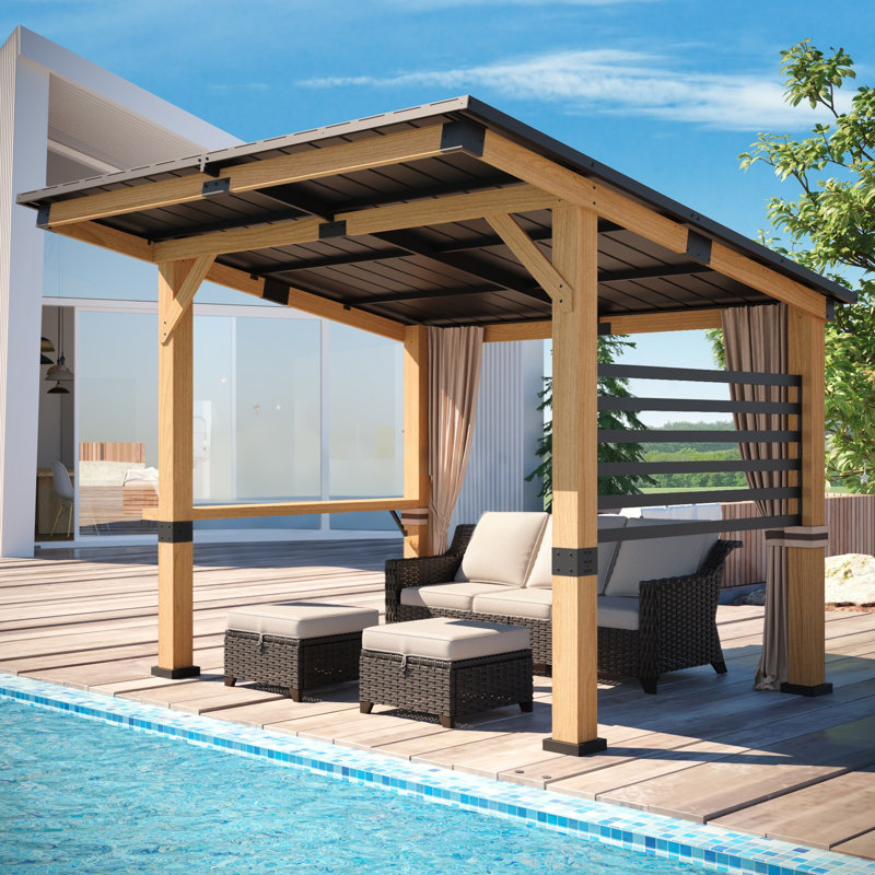 11 Ft X 10 Ft.Reinforced Wooden Hardtop Gazebo with Privacy Curtains and Solid Wood Bartop