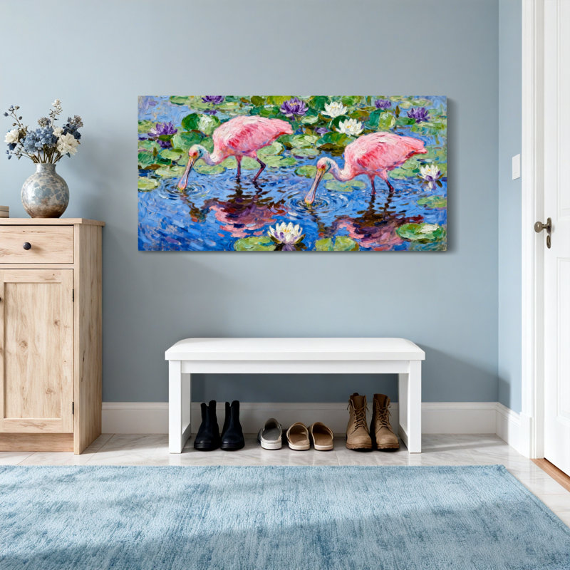 Animaux, flamants roses, nénuphars, étang, reflets, H 16 po x l 32 po
