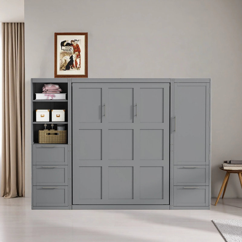Grand lit escamotable mural avec placard, tiroirs et tablettes, Gris