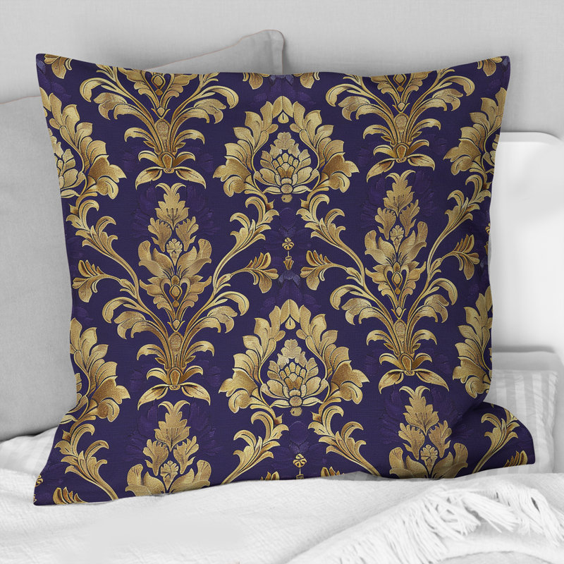 Coussin décoratif damassé traditionnel mauve et or royal I, H 16 po x l 16 po