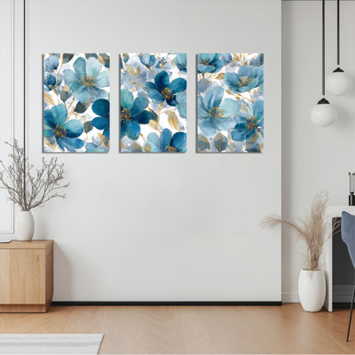 «Blue Floral Watercolor», ensemble de 3 reproductions d'art sur toile tendues