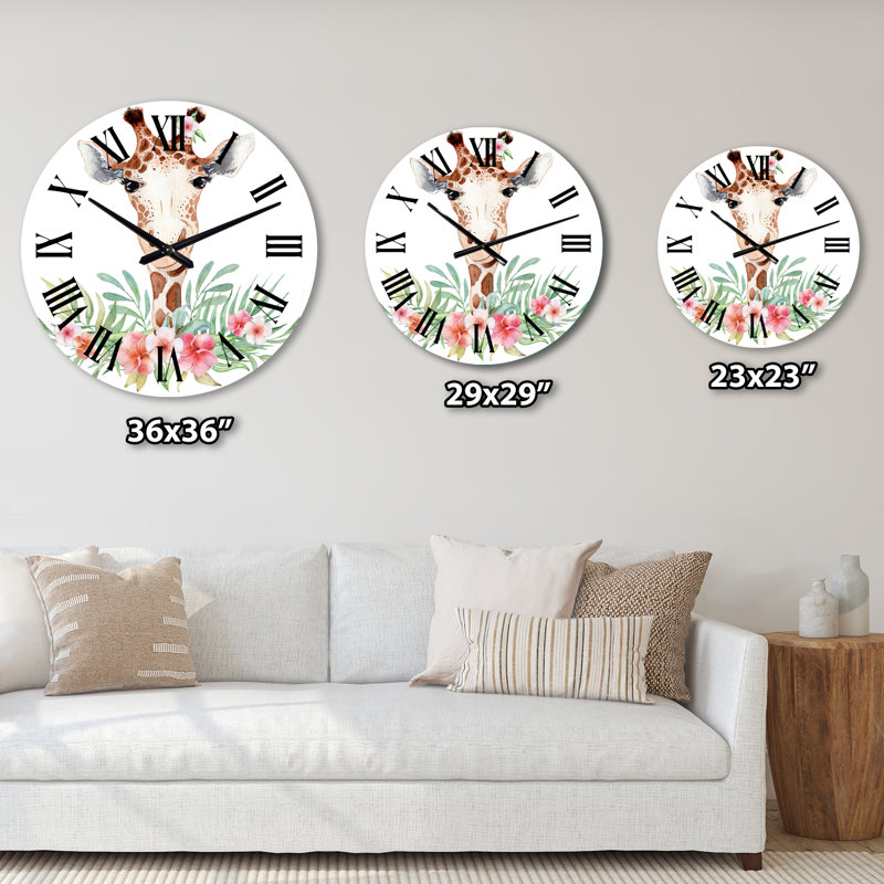 Dessin de girafe avec fleurs tropicales - horloge murale pour enfants, Grand