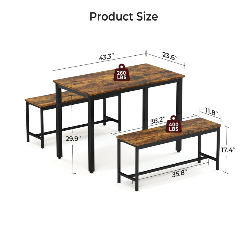 3-Piece Space-Saving Dining Table Set for 4 with 2 Benches, Brown