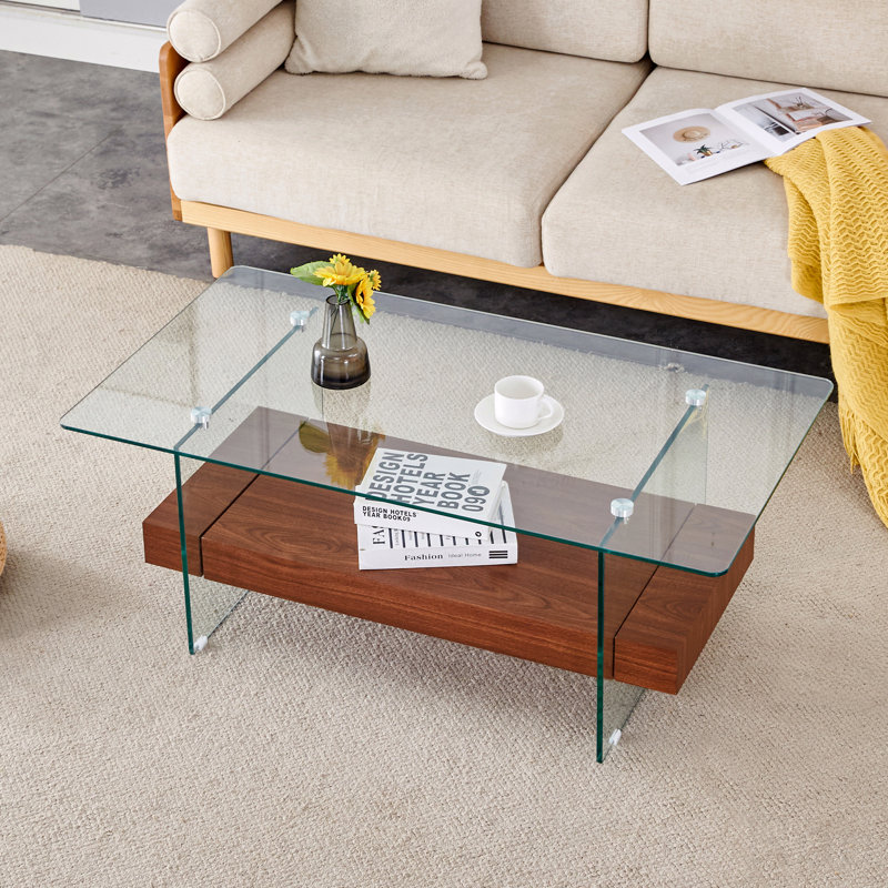 Rectangular Floating Double-Layer Coffee Table, Walnut