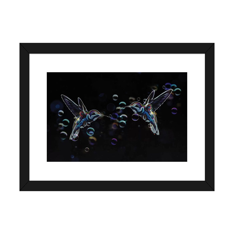 Colibris par Transparent - impression d'art graphique, H 24 po x l 32 po x P 1 po, Papier encadré noir, Blanc